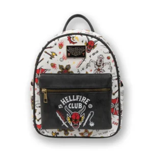 Stranger Things Hellfire Club Digital Print PU Backpack – White